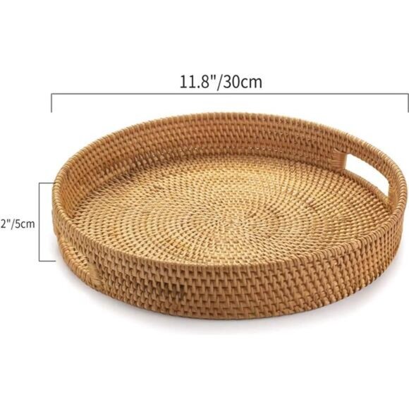 Round Serving Tray, Decorative Coffee Table Tray, Ottoman Hand Woven - Picture 3 of 7